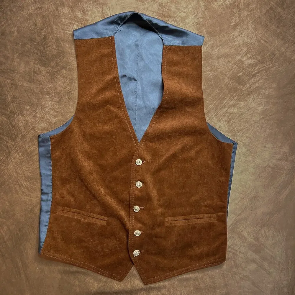 Vintage 90s Homemade Vest Brown Faux Suede Satin Blue Sleeveless Western Retro
